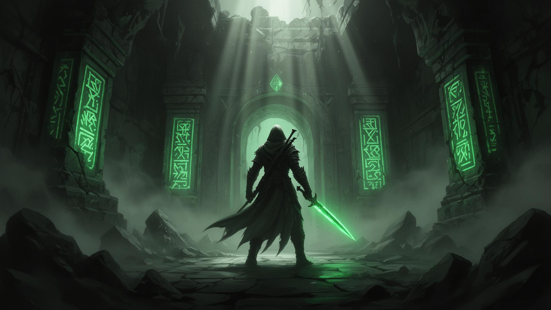 Huntoria emerald crypt entrance with hooded hunter